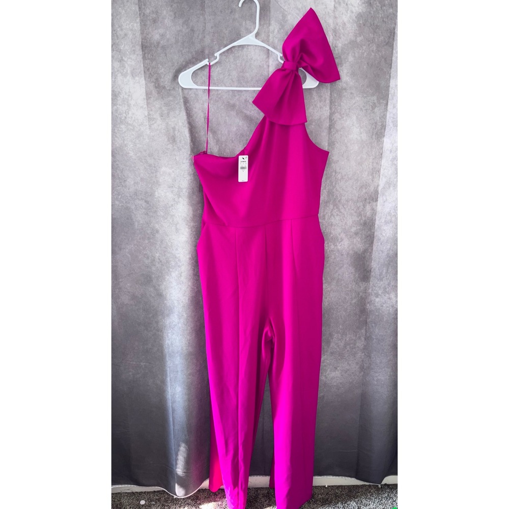 NWT Express Pink Fuchsia One Shoulder Wide Leg Bow Sleeveless Jumpsuit Women XL - Picture 8 of 10